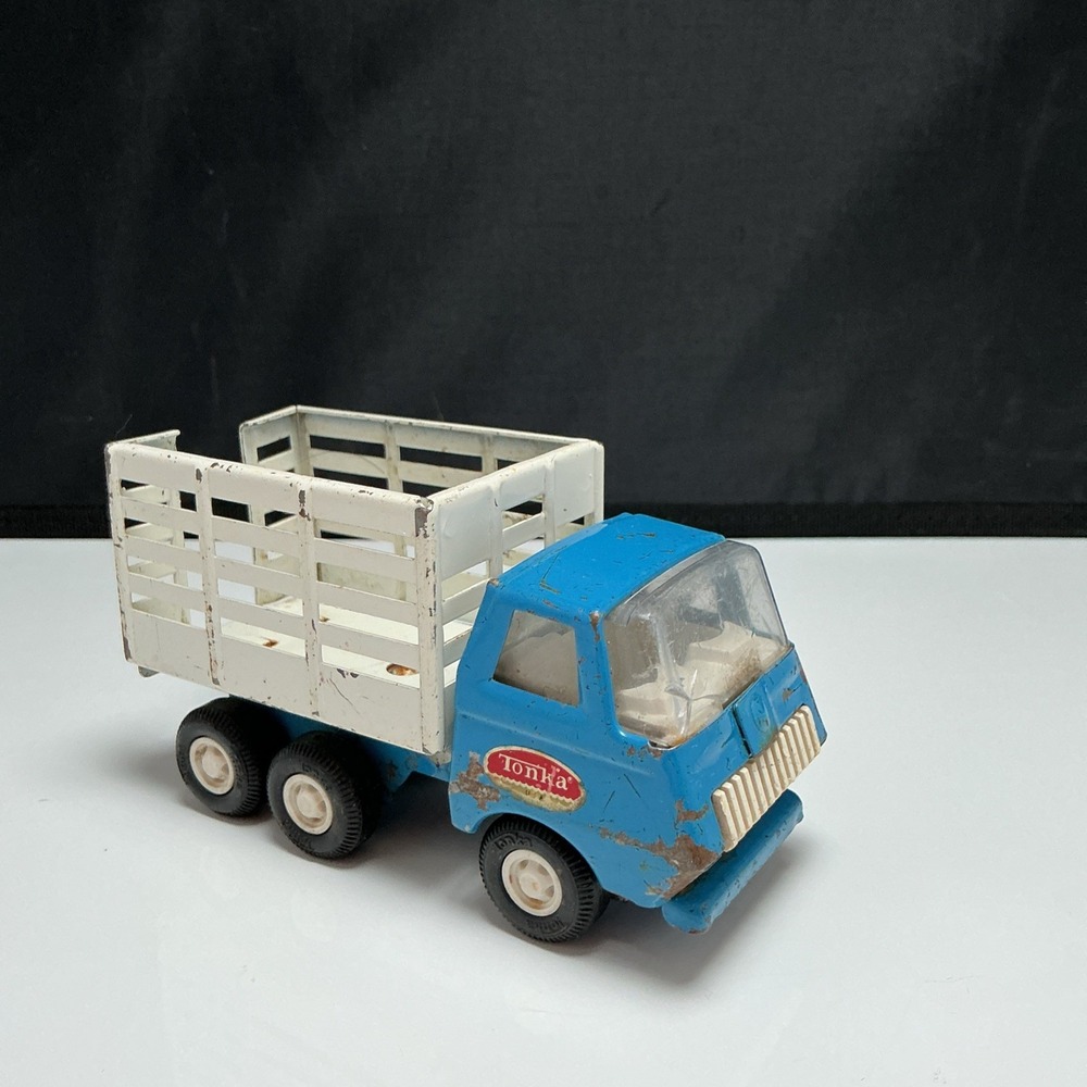 Vintage Mini Tiny Tonka Blue White Stake Bed Farm Dump Truck Pressed Steel 1970s